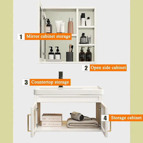 Slick Wall Mounted Bathroom Sink Combo showing mirror cabinet, countertop storage, and open side storage, 60x44x50cm.