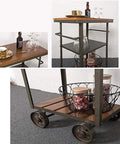 Heavy Duty Metal Industrial Rolling Cart With Three Roomy Shelves For Kitchen Storage Bar Setup And Home Organization Top Shelf Iron Frame Wood Finish Smooth Glide Utility Trolley with drinks and storage jars.