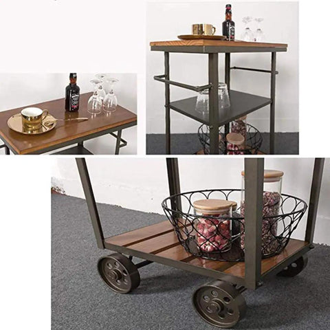 Heavy Duty Metal Industrial Rolling Cart With Three Roomy Shelves For Kitchen Storage Bar Setup And Home Organization Top Shelf Iron Frame Wood Finish Smooth Glide Utility Trolley with drinks and storage jars.