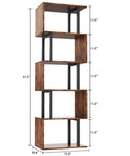 Top Shelf Six Tier Bookshelf With Sleek S Shaped Design, Rustic Brown Geometric Storage Rack, height 57.5 inches, dimensions for decor.