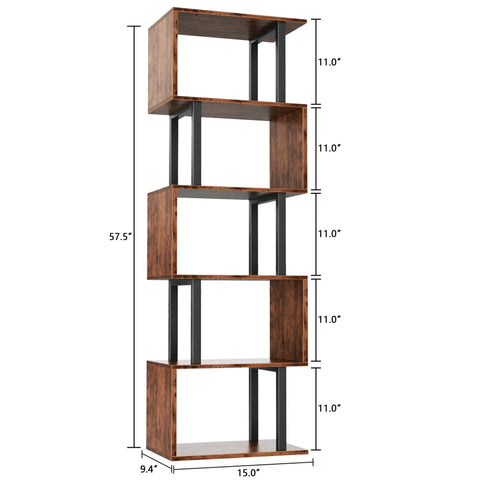 Top Shelf Six Tier Bookshelf With Sleek S Shaped Design, Rustic Brown Geometric Storage Rack, height 57.5 inches, dimensions for decor.