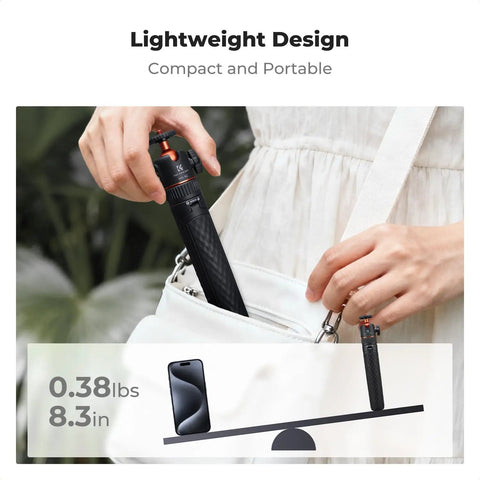 Person placing Mini Selfie Stick Tripod Stand With Five Adjustable Levels And 360 Degree Ball Head Pocket Tripod in bag