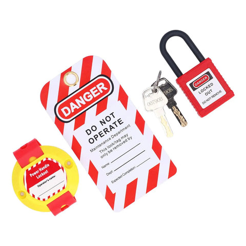 Self Adhesive Electric Panel Lockout Kit With A 13 Hole Strap And Two Clips For Safe Maintenance Lockout kit with tag and padlock.