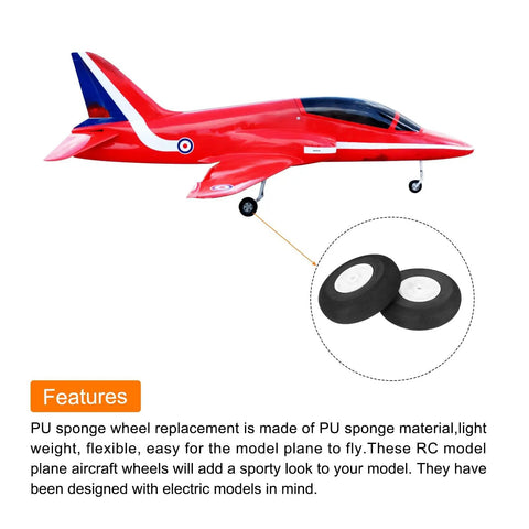 Lightweight Foam Wheel Set For RC Airplanes And Helicopters 4 Inch Diameter Wheel And Tire Kit next to red model jet