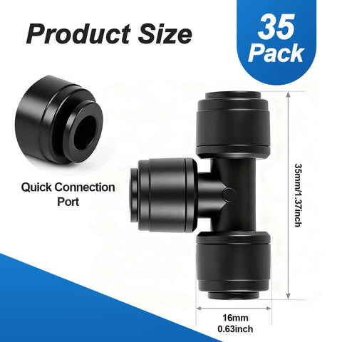 Image of 35 Pack 1/4 Inch Drip Irrigation Tee Fittings Quick Connect Push-To-Fit T Connectors For 1/4 Inch Tubing, shown in black.