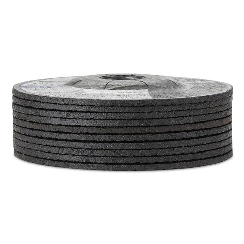 Stack of 4.5-inch Type 27 zirconia abrasive discs, side view. Four And One Half Inch Metal Cutting And Light Grinding Discs For Angle Grinder Two In One Cut And Grind Type Twenty Seven Zirconia Abrasive Discs One Eighth Inch Thick Seven Eighths Inch Arbor Pack Of Ten For Pipe Tubing Rebar And Stainless Steel.