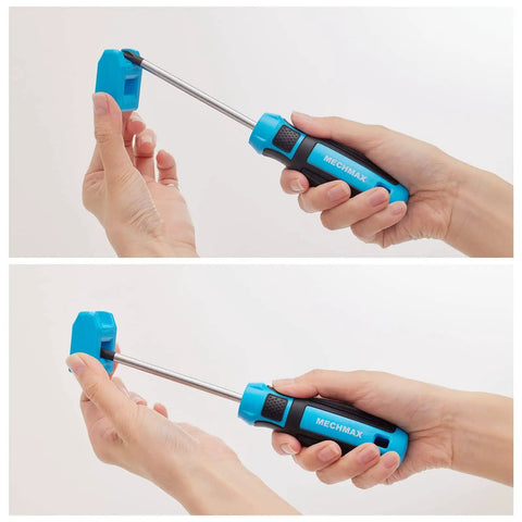 Hands holding and using a magnetic screwdriver from the Magnetic Screwdriver Set 29 Piece With Assorted Bits Including Phillips Slotted Star Hex And Square Magnetizer Demagnetizer And Storage Case All In One Home Repair Hand Tool Kit For Quick Fixes And Everyday Projects.