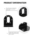 Two black stainless steel DC motor mounting brackets with base plates and screw holes (front view).