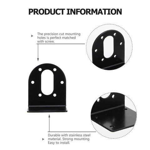 Two black stainless steel DC motor mounting brackets with base plates and screw holes (front view).