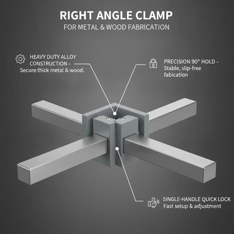 Heavy Duty 90 Degree Corner Clamp For Wood And Metal Fab showing precision 90° hold and single-handle quick lock feature.
