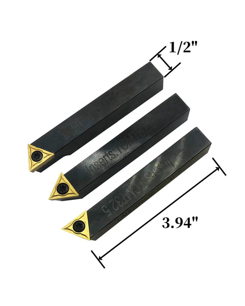 GBJ 3-piece 1/2in indexable carbide lathe tool holders with TCMT inserts; black bodies, gold tips