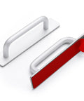 Two Pack 5.83 Inch Adhesive Cabinet Handles Self Stick Instant Install, silver zinc alloy construction with red adhesive backing visible.