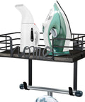 Wall Mount Ironing Board Hanger And Laundry Room Organizer With Large Dark Gray Wooden Base Basket And Removable Hooks