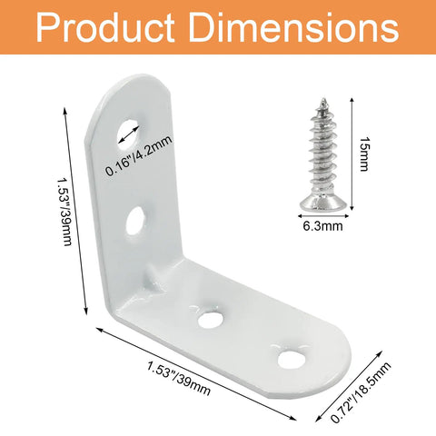Heavy Duty White Corner Brace L Brackets For Furniture Repair Pack Of Twenty With Reinforced Steel Core To Keep Wooden Pieces Rock Solid And Tighten Loose Joints Without Any Sweat, showing dimensions.