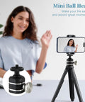 Universal Mini Ball Head Tripod Mount For Cameras One Quarter Inch Twenty Thread 360 Degree Rotation in use with smartphone
