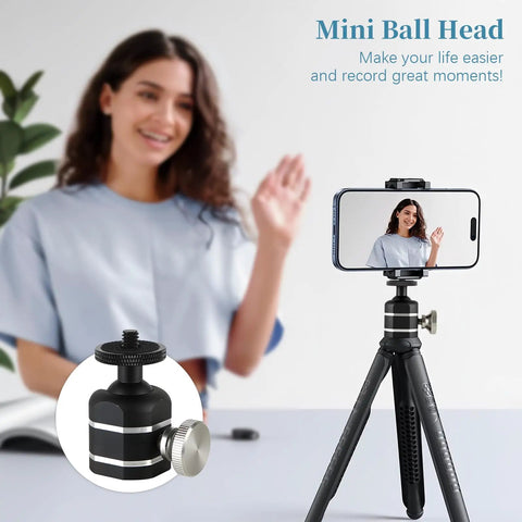 Universal Mini Ball Head Tripod Mount For Cameras One Quarter Inch Twenty Thread 360 Degree Rotation in use with smartphone
