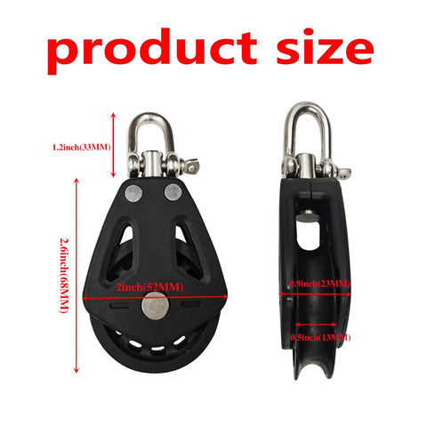 Nylon Marine Pulley Beefy Yet Lightweight With Stainless Steel Hardware For Ropes Up To 11mm 1650 Lb Load Capacity Ideal For Yacht And Sailboat Pulleys 2.6 Inches Long By 2 Inches Wide By 0.9 Inches Thick side and front size view