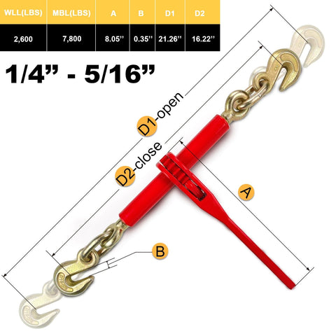 Two Pack Heavy Duty Ratchet Load Binder Set With Twenty Foot G70 Tow Chains One Quarter Inch To Five Sixteenths Inch Range Grab Hook