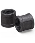 20 Pack Three Quarter Inch Rustic Industrial Black Malleable Iron Pipe Coupling Sockets For Pipe Shelves And Furniture Building DIY Projects Home Decor Hardware Vintage Style shown at an angle