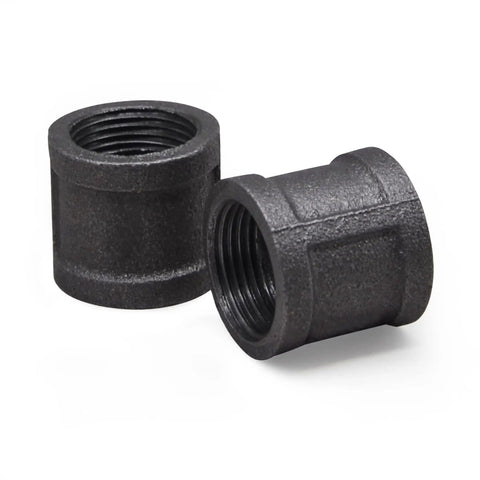 20 Pack Three Quarter Inch Rustic Industrial Black Malleable Iron Pipe Coupling Sockets For Pipe Shelves And Furniture Building DIY Projects Home Decor Hardware Vintage Style shown at an angle