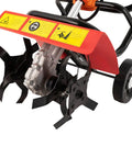 52cc Gas Powered Tiller Cultivator for Backyard Garden and Lawn close-up showing tines and durable iron and plastic build