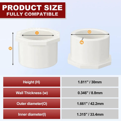 10 Pack One And A Quarter Inch To One Inch PVC Reducer Bushing Fittings Socket To Socket Schedule 40 Furniture Grade Budget Friendly Durable For Home Plumbing Sewer Irrigation And Industrial Pipe Connections size diagram with 30mm height