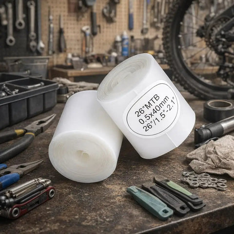 Workshop scene with 2 Pack Tire Liner Puncture Proof Belt Pad For 700C 26 27.5 29 Inches Road And Mountain Bike Inner Tubes.