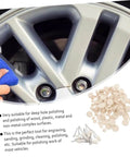 Wool Felt Polishing Wheel Set With Mandrel Handle, 120 Pcs, used for polishing vehicle rim, close-up of buffing process.