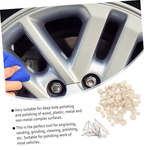Wool Felt Polishing Wheel Set With Mandrel Handle, 120 Pcs, used for polishing vehicle rim, close-up of buffing process.