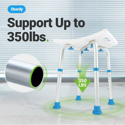 Shower Stool With 350 Pound Capacity, Adjustable Height Bath Chair showing non-slip feet and sturdy frame support in bathroom setting.