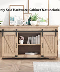 5 Foot Small Sliding Barn Door Hardware Kit for Double Doors and Cabinets installed on a wooden TV stand, showcasing ultra quiet track system.