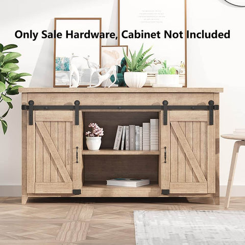 5 Foot Small Sliding Barn Door Hardware Kit for Double Doors and Cabinets installed on a wooden TV stand, showcasing ultra quiet track system.