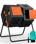 Outdoor 45 Gallon Dual Chamber 360 Degree Rotating Compost Bin with stand, gloves, and screwdriver, side view