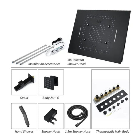 Premium Thermostatic Shower System With LED Strip And Bass Boost Music, Badass Black 6-Way Rain Shower Combo parts and accessories layout