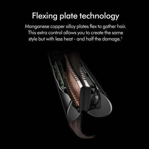 Close-up of Cordless And Corded Hair Straightener With Flexing Plates For Less Heat And Damage showing manganese copper alloy plates.