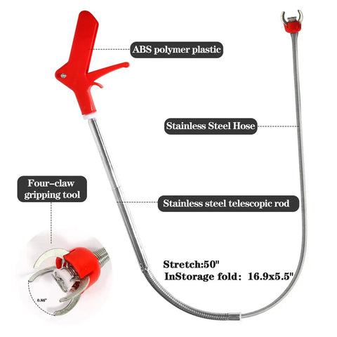51 Inch Toilet Snake Clog Remover With 4 Claws Bendable Hose Pickup Reach Tool, red ABS handle, stainless steel telescoping rod