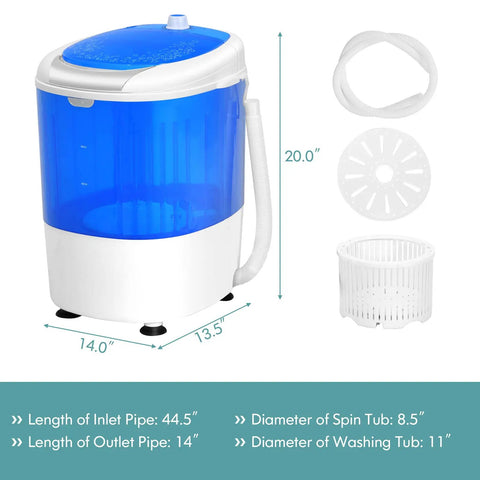 Compact Portable Washing Machine, 5 Point 5 Lb Mini Washer And Spinner Combo, height 20 inches, with blue and white design.