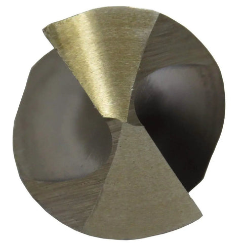 Close-up of tip of Cobalt Aircraft Extension Drill Bit 9/32 Inch By 6 Inch Pack Of 12 With Beefy 135 Degree Split Point For Stainless Steel Inconel And Titanium Round Shank Gold Oxide Finish For Easy Tooling And Broad Compatibility GLBCO Series.