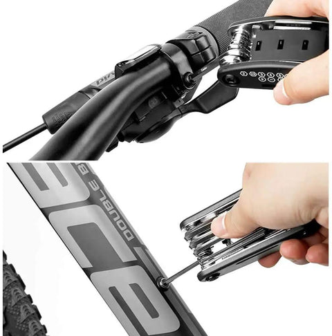 Cyclist using All In One Bike Repair Kit With 16 In 1 Multitool Tire Levers Spoke Wrench Hex Keys And Sockets for on-the-go maintenance