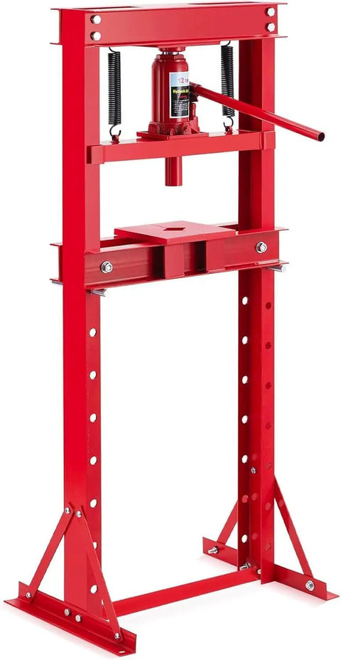 12 Ton Hydraulic Press With Adjustable Table And Movable Plates For Auto Repair Metal Bending And Garage Use Beefy Heavy Duty H Frame Shop Press In Red Built For Tough Jobs front view