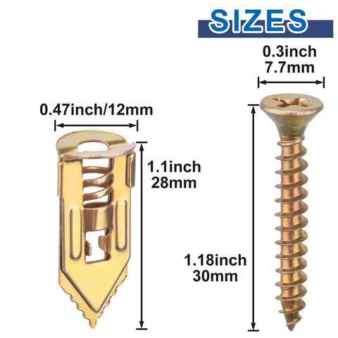 Heavy Duty Self Drilling Drywall Anchors Kit With Screws For No Drill Wall Mounts, Rust Resistant Yellow Zinc Plated Carbon Steel Anchors, Easy No Pre Drill Install, Strong Support For Shelves, TVs, Decor And More, 30mm