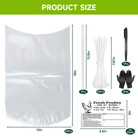 Poultry Shrink Bags Pack Of 50, 13X18 Clear Heat Shrink Wrap Bags, BPA Free Freezer Bags with accessories including zip ties, straw, labels, gloves