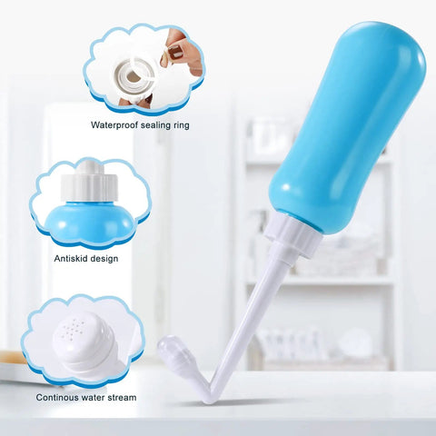 On The Go Bidet For Travel Large 450ml Capacity Handheld Blue No Batteries Needed Eco Friendly Personal Toilet Cleaner Squeeze Bottle Keeps You Clean On The Go with features highlighted