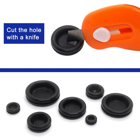 Top Drawer Rubber Grommets With Flame Resistant Cable Hole Plugs For Wire Wrangling and Electrical Upgrades in seven sizes during installation.