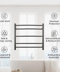 Black Wall Mounted Electric Towel Warmer Rack with 5 Bars Stainless Steel Heated Towel Holder 40W 120V features list.