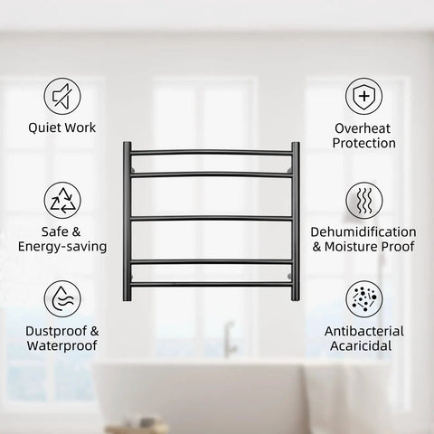 Black Wall Mounted Electric Towel Warmer Rack with 5 Bars Stainless Steel Heated Towel Holder 40W 120V features list.