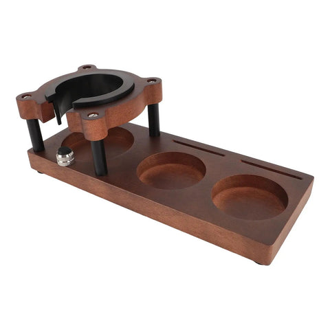 Premium Solid Wood Coffee Tamper Station Universal 58mm Portafilter Holder with compartments for home baristas.