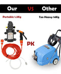 Comparison between 12V Portable High Pressure Water Pump Kit For Cars And RVs 100W Mini Electric Pressure Washer and large blue pump