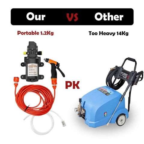 Comparison between 12V Portable High Pressure Water Pump Kit For Cars And RVs 100W Mini Electric Pressure Washer and large blue pump