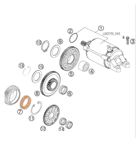 Exploded view of One Way Sprag Clutch Starter Bearing 75040026000 Compatible With 450 SX F 500 EX C 530 XC F 690 Enduro Replacement